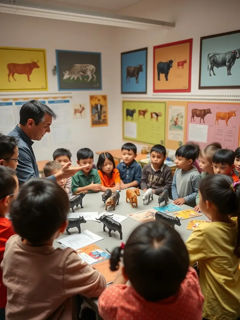 A photograph capturing children participating in an educational workshop about bull breeding, showcasing hands-on learning and engagement with local traditions in Arles.