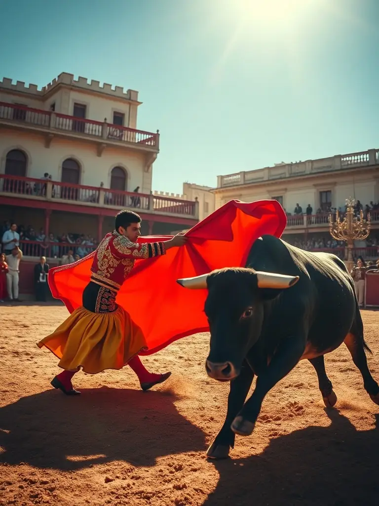 A vibrant photograph capturing a bullfighting demonstration in Arles, showcasing traditional costumes and the intensity of the event, emphasizing the cultural significance of the spectacle.