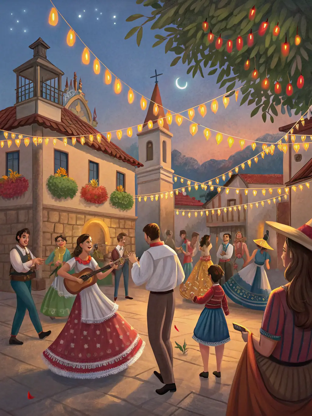 A photograph of a cultural festival in Arles, featuring traditional music, dance, and food, celebrating the cultural heritage associated with bulls in the region.