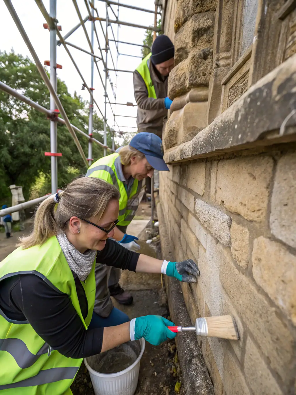 A photo of volunteers working on the restoration of a historical bullfighting arena, emphasizing AMTA's commitment to preserving local heritage sites.