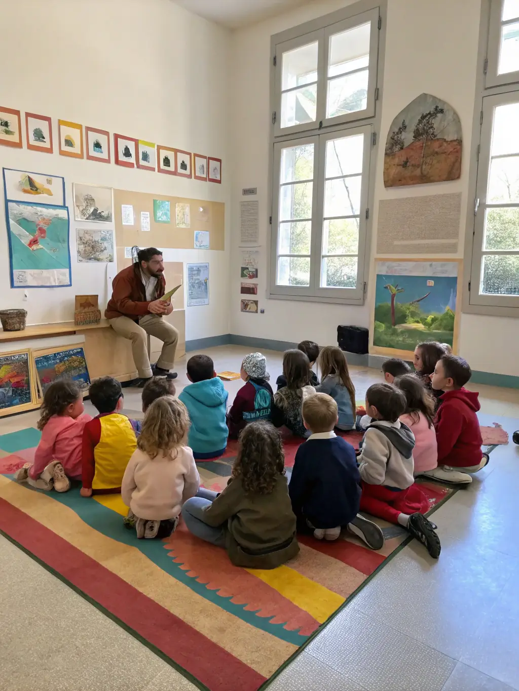 A photo of children participating in an educational workshop about the history of bullfighting in the Pays d'Arles, highlighting the importance of passing down traditions to younger generations.